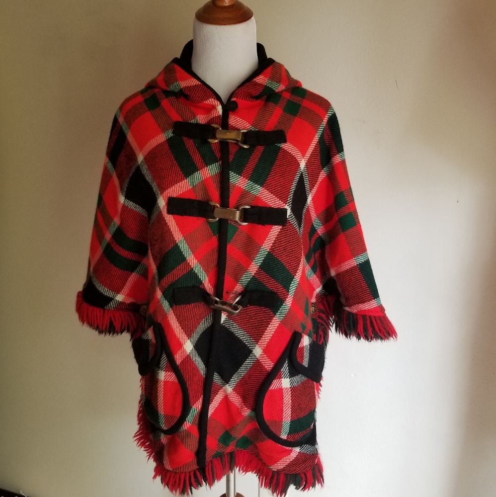 Vintage Plaid Poncho Style Jacket with Hood